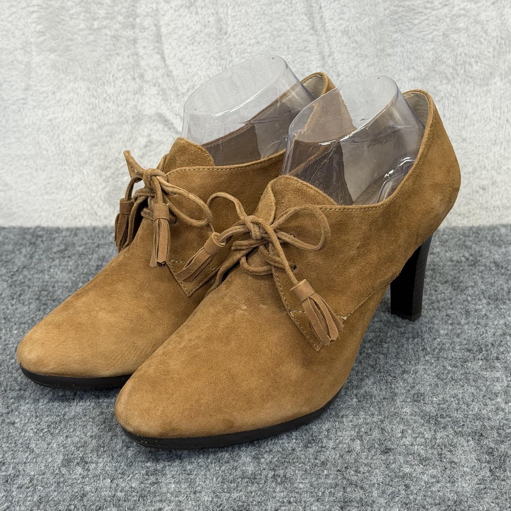 Anne Klein Caitryn Cogs Shoes Womens Size 9.5 Brown Suede Tassel Lace Up Heels